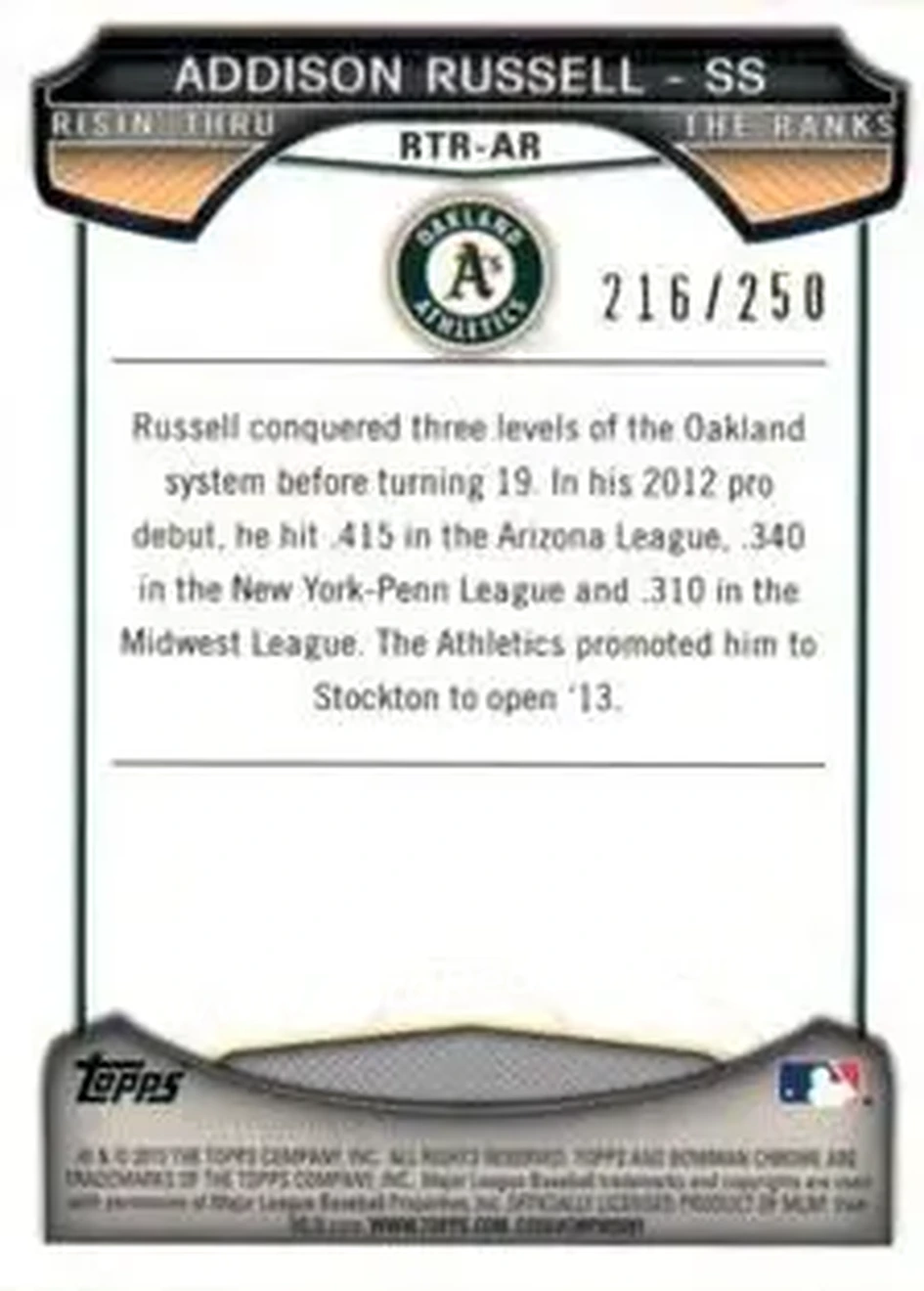 2013 Bowman Chrome - Risin' Thru the Ranks Mini Blue Refractor #RTR-AR - Addison Russell - Oakland Athletics - Back