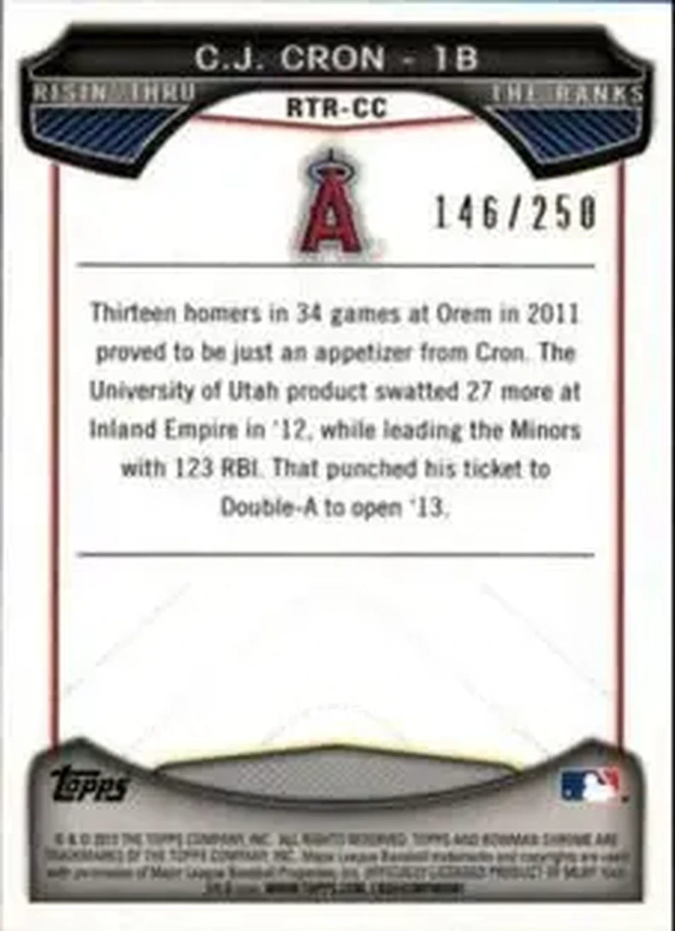 2013 Bowman Chrome - Risin' Thru the Ranks Mini Blue Refractor #RTR-CC - C.J. Cron - Los Angeles Angels - Back