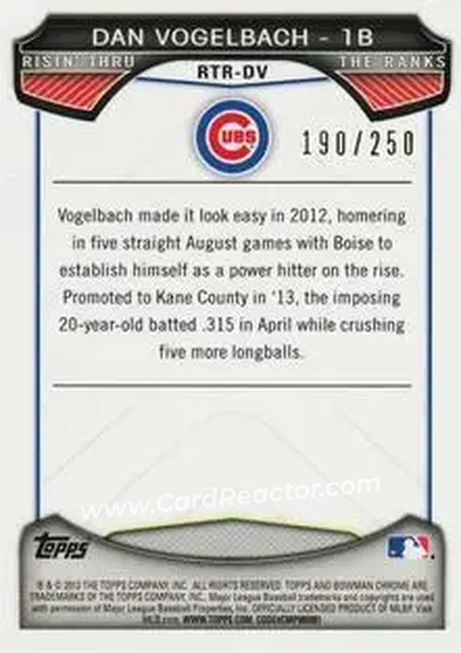 2013 Bowman Chrome - Risin' Thru the Ranks Mini Blue Refractor #RTR-DV - Dan Vogelbach - Chicago Cubs - Back