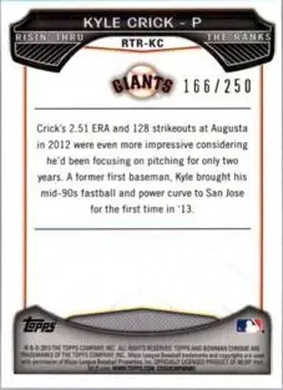 2013 Bowman Chrome - Risin' Thru the Ranks Mini Blue Refractor #RTR-KC - Kyle Crick - San Francisco Giants - Back