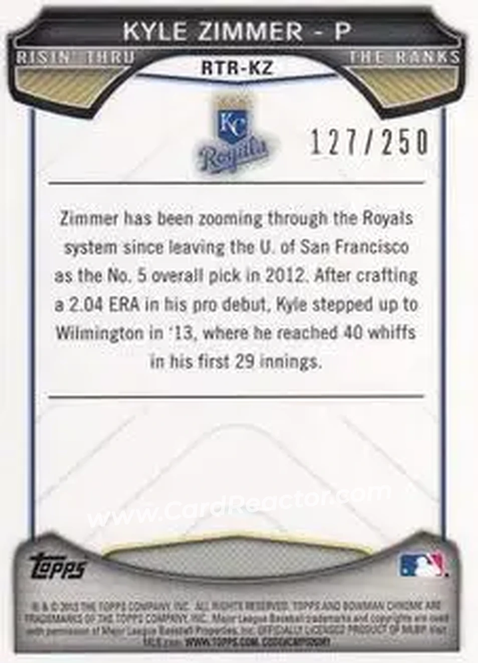 2013 Bowman Chrome - Risin' Thru the Ranks Mini Blue Refractor #RTR-KZ - Kyle Zimmer - Kansas City Royals - Back