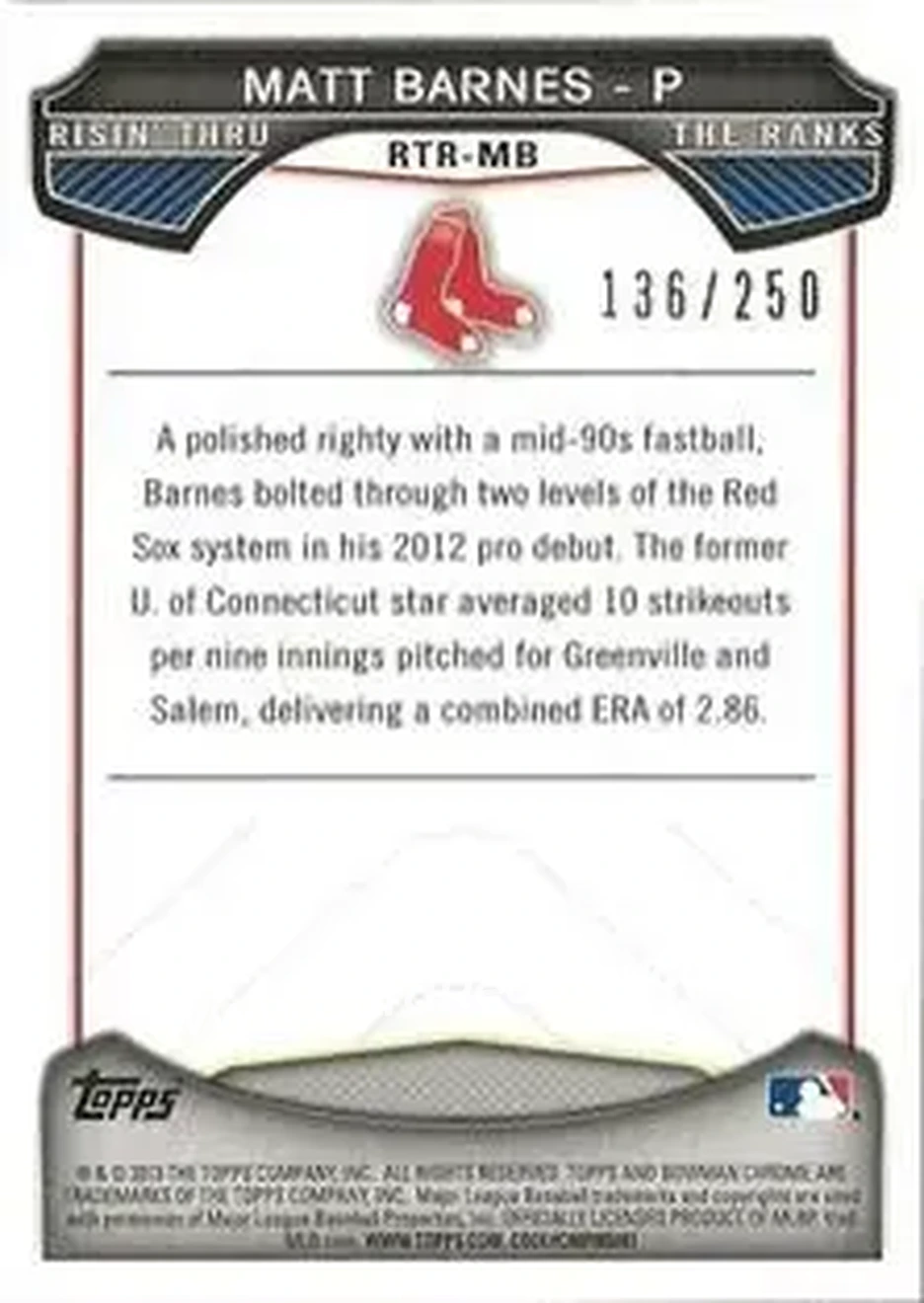 2013 Bowman Chrome - Risin' Thru the Ranks Mini Blue Refractor #RTR-MB - Matt Barnes - Boston Red Sox - Back