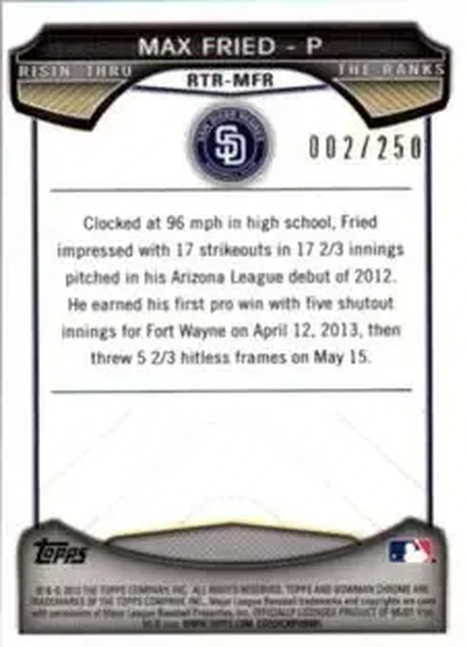 2013 Bowman Chrome - Risin' Thru the Ranks Mini Blue Refractor #RTR-MFR - Max Fried - San Diego Padres - Back