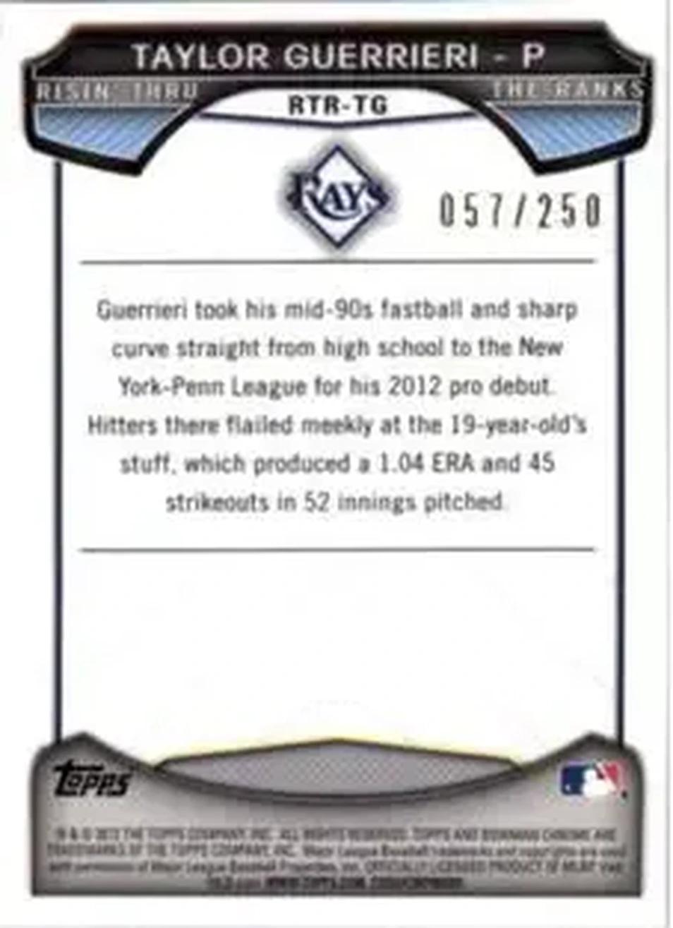 2013 Bowman Chrome - Risin' Thru the Ranks Mini Blue Refractor #RTR-TG - Taylor Guerrieri - Tampa Bay Rays - Back