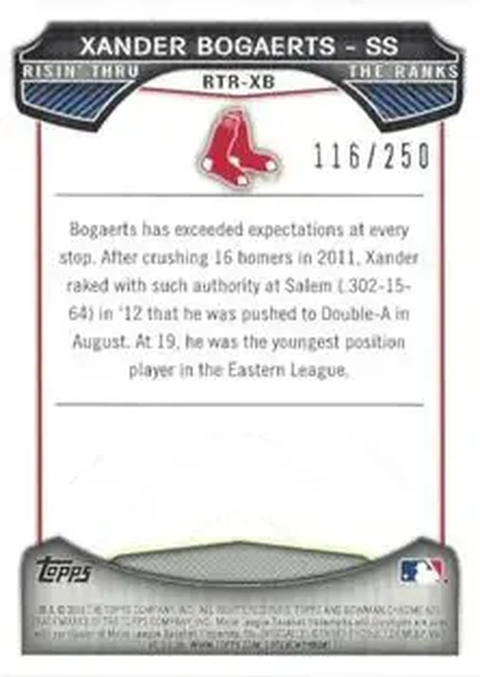 2013 Bowman Chrome - Risin' Thru the Ranks Mini Blue Refractor #RTR-XB - Xander Bogaerts - Boston Red Sox - Back 2013 Bowman Chrome - Risin' Thru the Ranks Mini Blue Refractor #RTR-XB - Xander Bogaerts - Boston Red Sox - Back