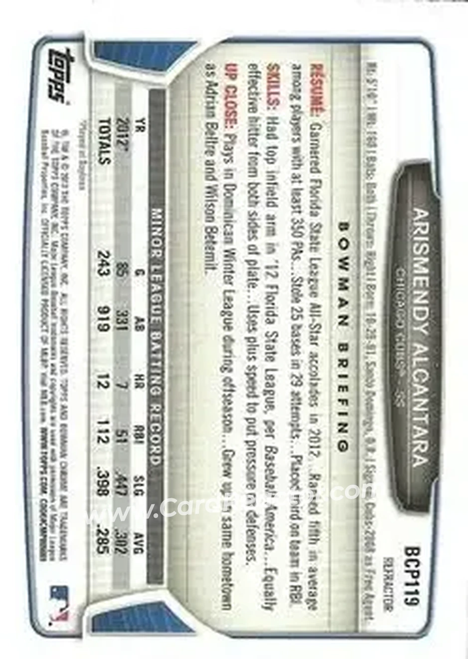 2013 Bowman Chrome - Prospects Green Refractors #BCP119 - Arismendy Alcantara - Chicago Cubs - Back