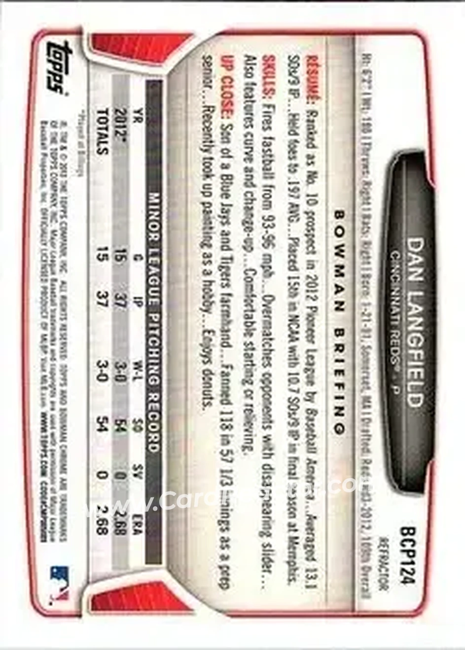 2013 Bowman Chrome - Prospects Green Refractors #BCP124 - Dan Langfield - Cincinnati Reds - Back 2013 Bowman Chrome - Prospects Green Refractors #BCP124 - Dan Langfield - Cincinnati Reds - Back