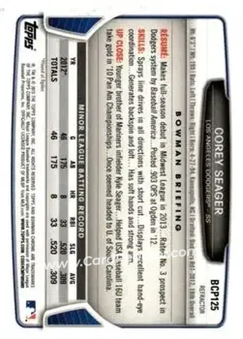 2013 Bowman Chrome - Prospects Green Refractors #BCP125 - Corey Seager - Los Angeles Dodgers - Back 2013 Bowman Chrome - Prospects Green Refractors #BCP125 - Corey Seager - Los Angeles Dodgers - Back