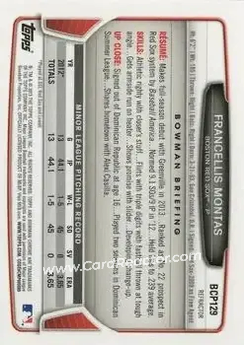 2013 Bowman Chrome - Prospects Green Refractors #BCP129 - Francellis Montas - Boston Red Sox - Back