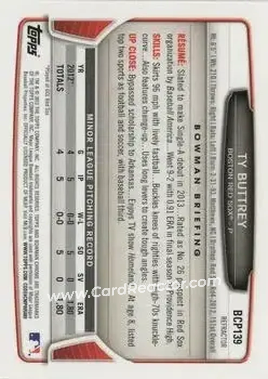 2013 Bowman Chrome - Prospects Green Refractors #BCP139 - Ty Buttrey - Boston Red Sox - Back