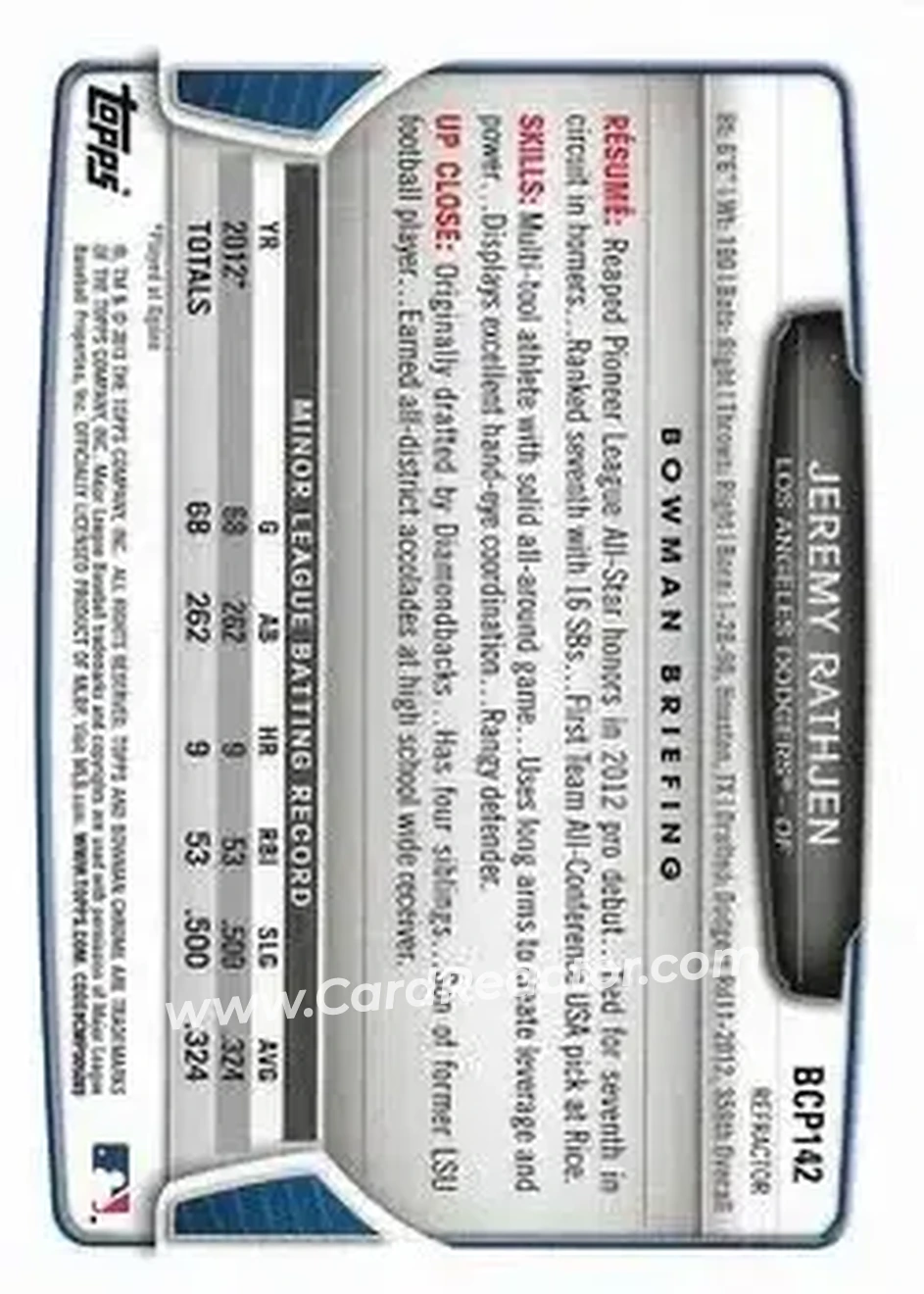 2013 Bowman Chrome - Prospects Green Refractors #BCP142 - Jeremy Rathjen - Los Angeles Dodgers - Back