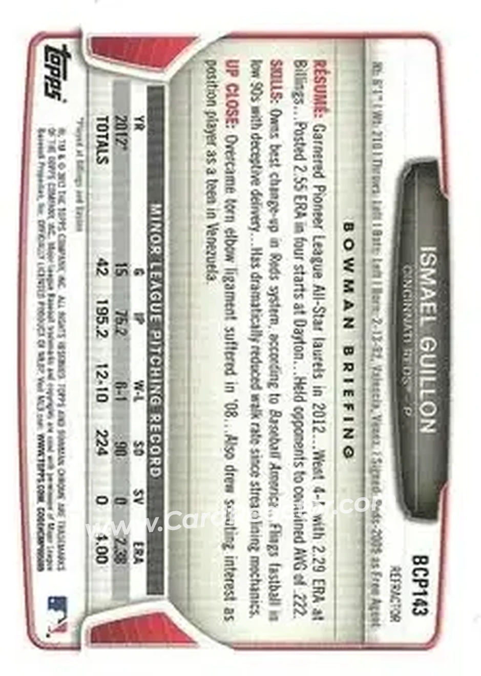 2013 Bowman Chrome - Prospects Green Refractors #BCP143 - Ismael Guillon - Cincinnati Reds - Back