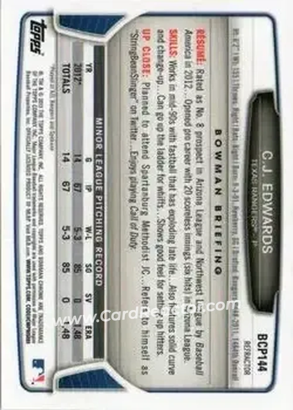 2013 Bowman Chrome - Prospects Green Refractors #BCP144 - C.J. Edwards - Texas Rangers - Back 2013 Bowman Chrome - Prospects Green Refractors #BCP144 - C.J. Edwards - Texas Rangers - Back