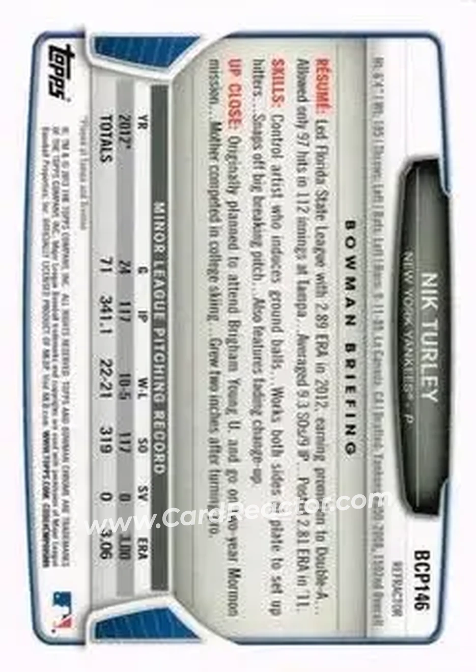 2013 Bowman Chrome - Prospects Green Refractors #BCP146 - Nik Turley - New York Yankees - Back