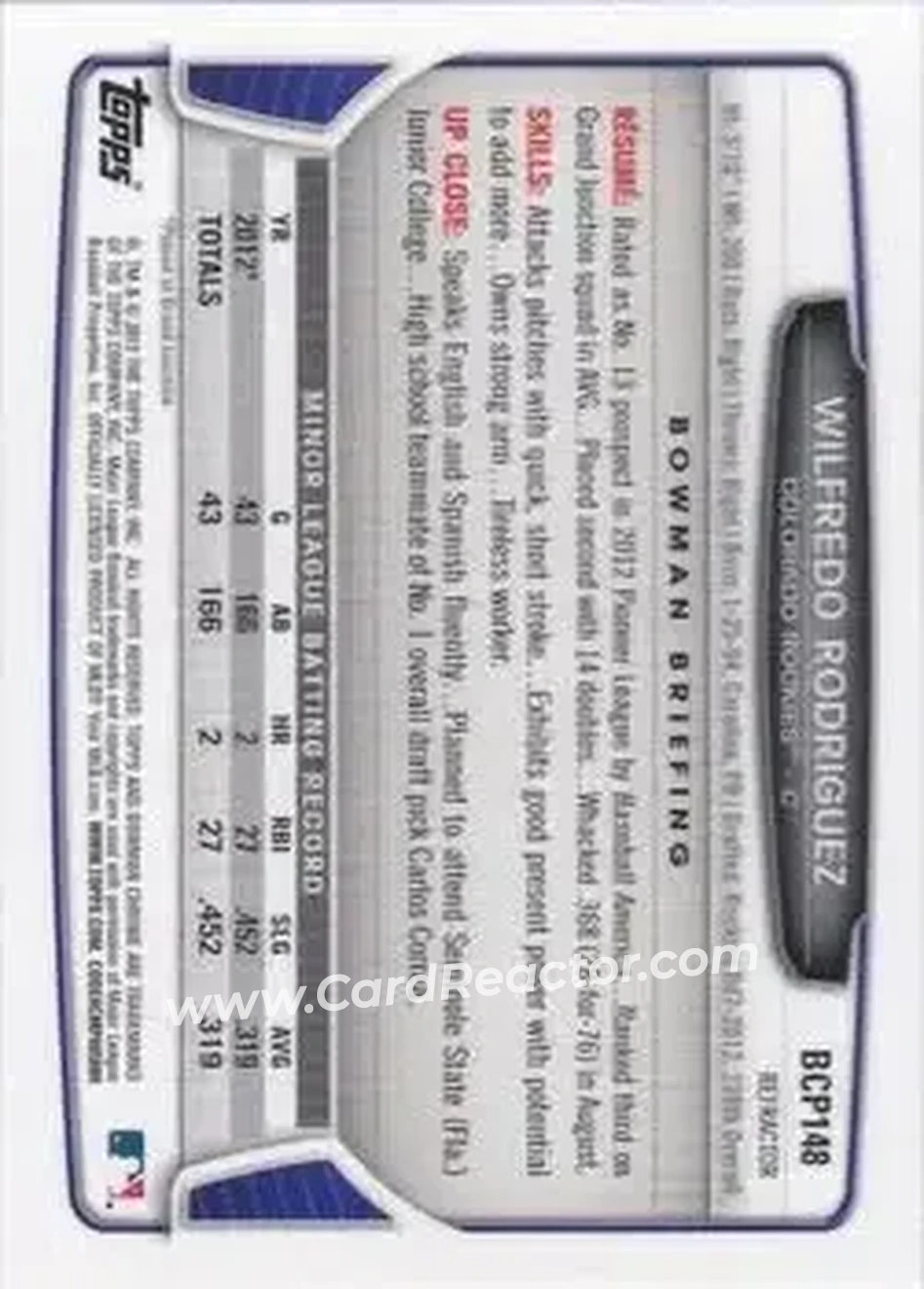 2013 Bowman Chrome - Prospects Green Refractors #BCP148 - Wilfredo Rodriguez - Colorado Rockies - Back