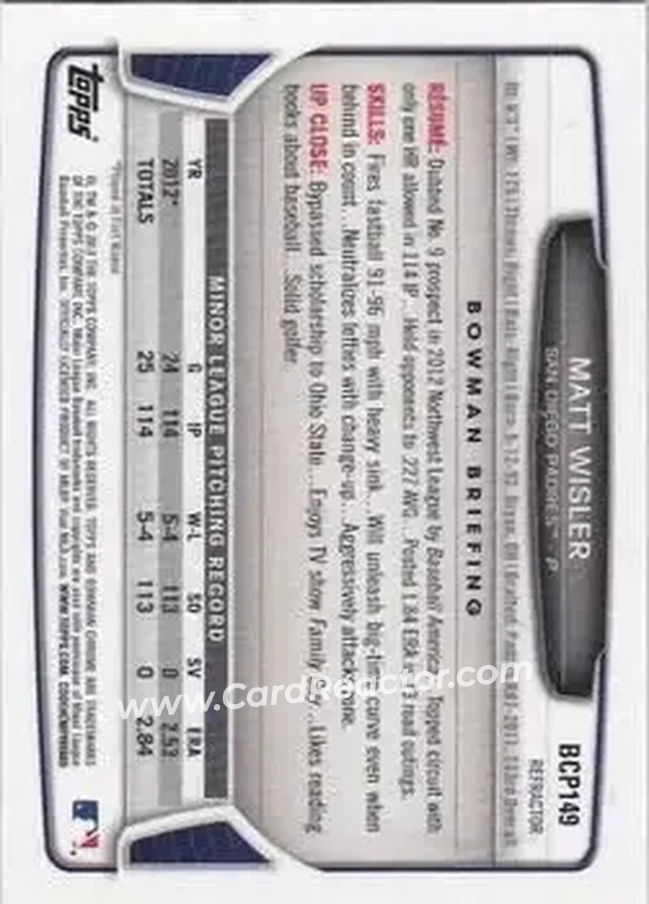 2013 Bowman Chrome - Prospects Green Refractors #BCP149 - Matt Wisler - San Diego Padres - Back 2013 Bowman Chrome - Prospects Green Refractors #BCP149 - Matt Wisler - San Diego Padres - Back