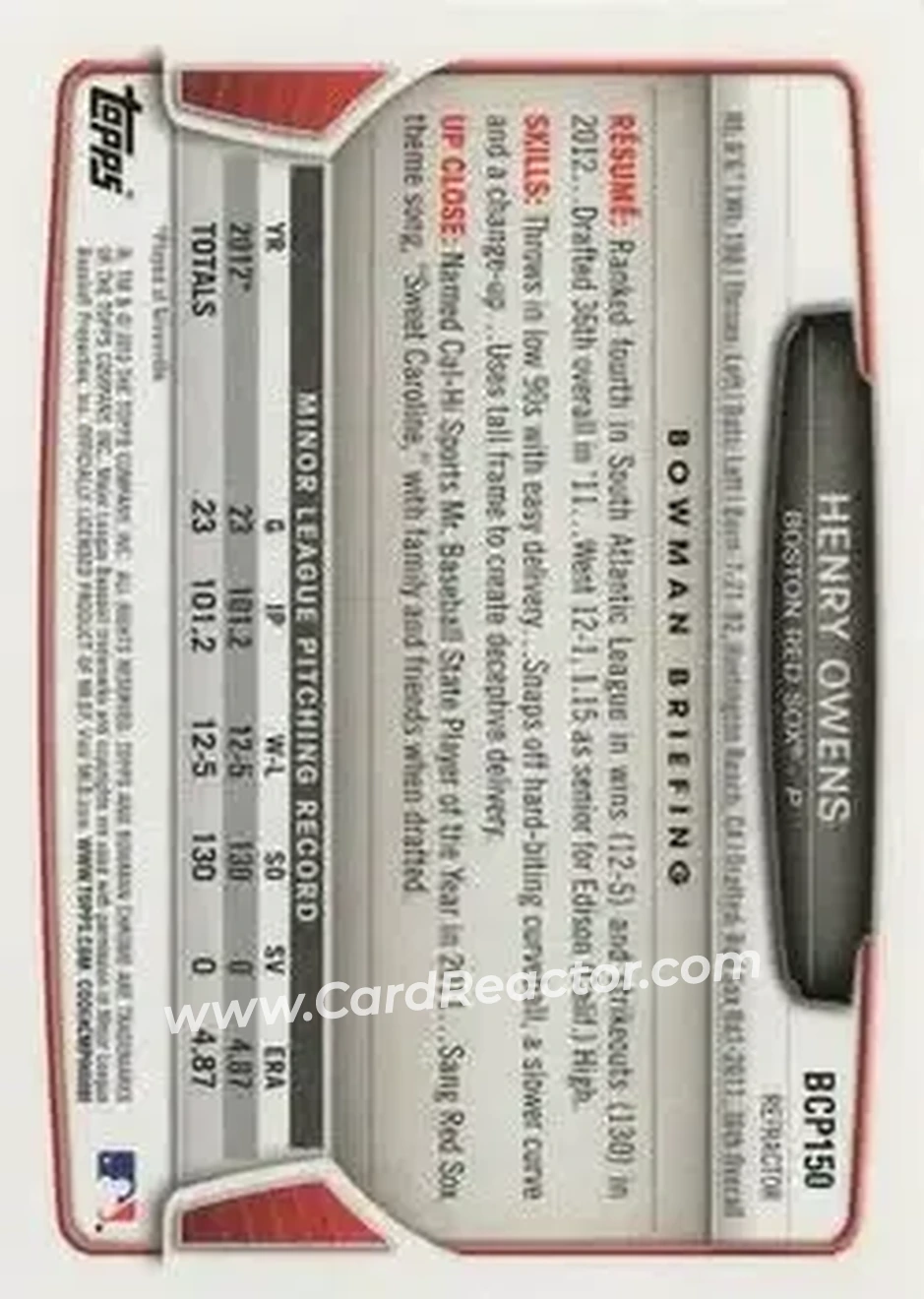 2013 Bowman Chrome - Prospects Green Refractors #BCP150 - Henry Owens - Boston Red Sox - Back