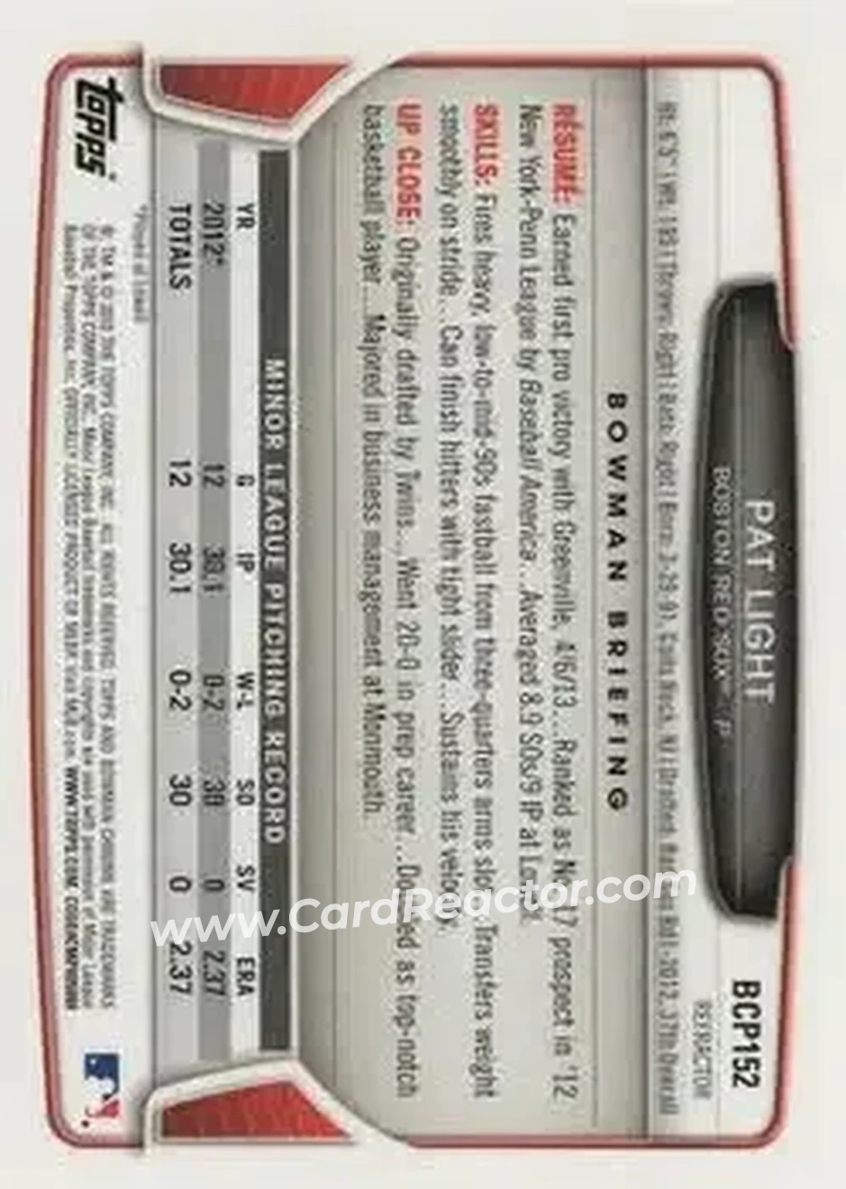 2013 Bowman Chrome - Prospects Green Refractors #BCP152 - Pat Light - Boston Red Sox - Back