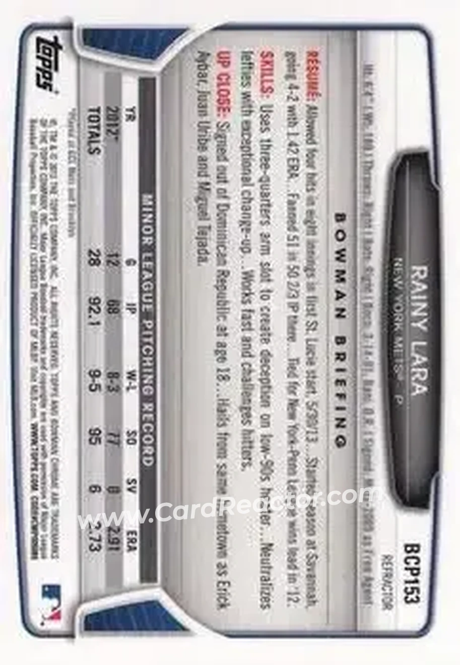 2013 Bowman Chrome - Prospects Green Refractors #BCP153 - Rainy Lara - New York Mets - Back