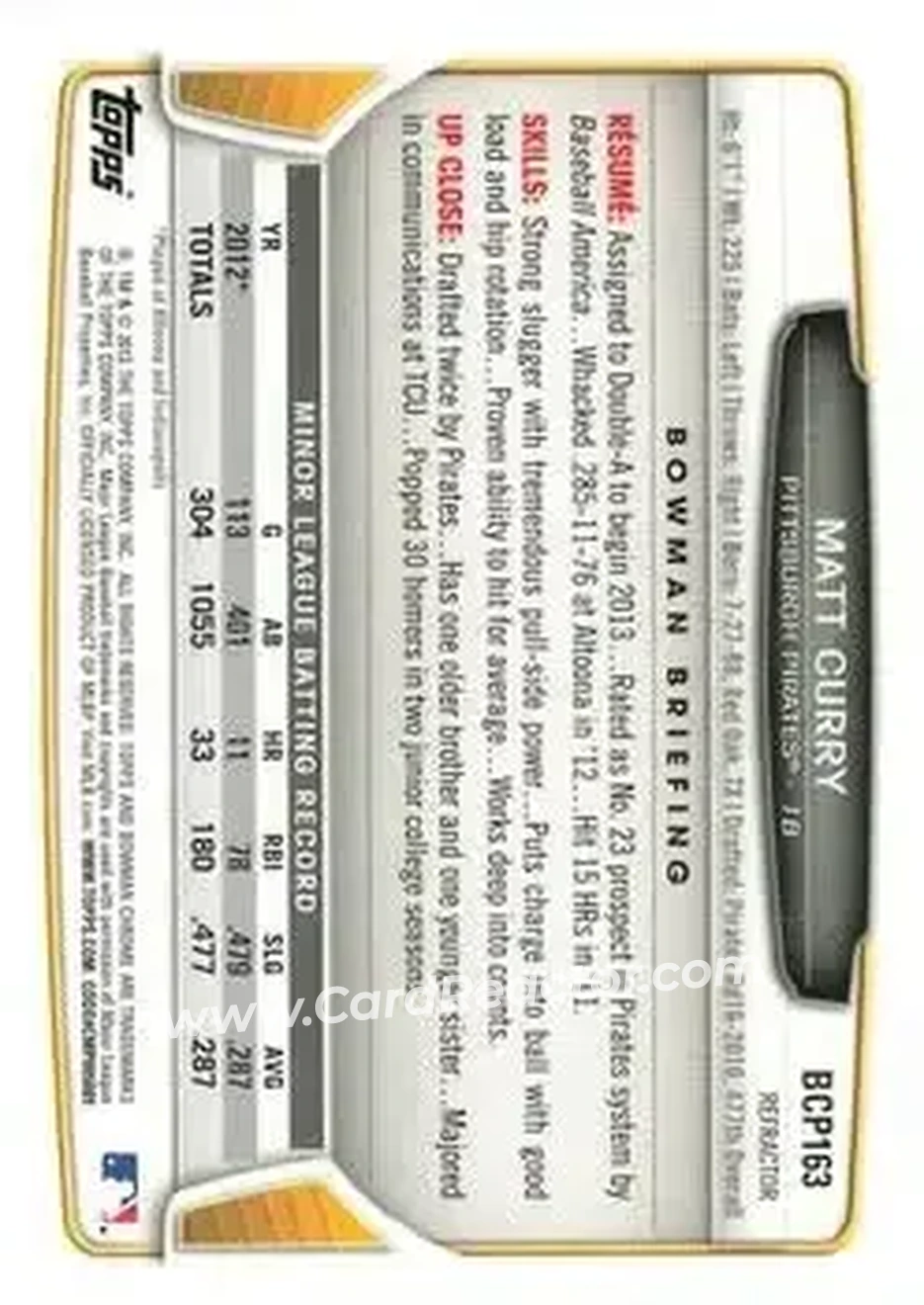 2013 Bowman Chrome - Prospects Green Refractors #BCP163 - Matt Curry - Pittsburgh Pirates - Back 2013 Bowman Chrome - Prospects Green Refractors #BCP163 - Matt Curry - Pittsburgh Pirates - Back