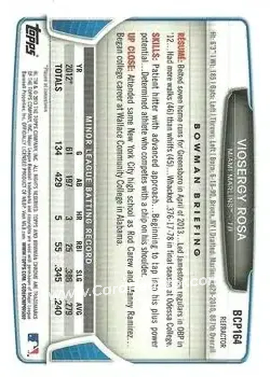2013 Bowman Chrome - Prospects Green Refractors #BCP164 - Viosergy Rosa - Miami Marlins - Back