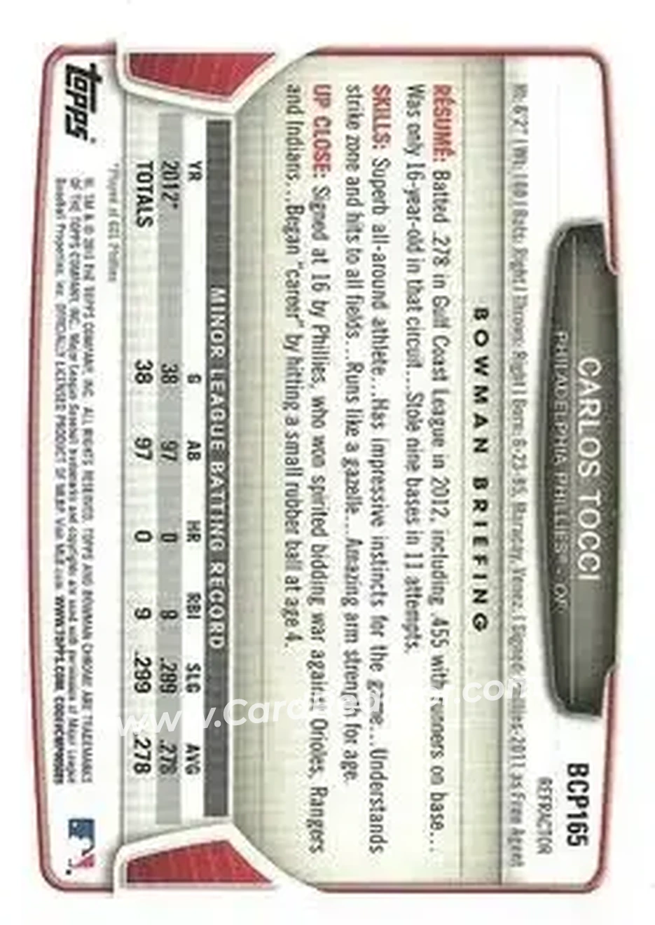 2013 Bowman Chrome - Prospects Green Refractors #BCP165 - Carlos Tocci - Philadelphia Phillies - Back 2013 Bowman Chrome - Prospects Green Refractors #BCP165 - Carlos Tocci - Philadelphia Phillies - Back