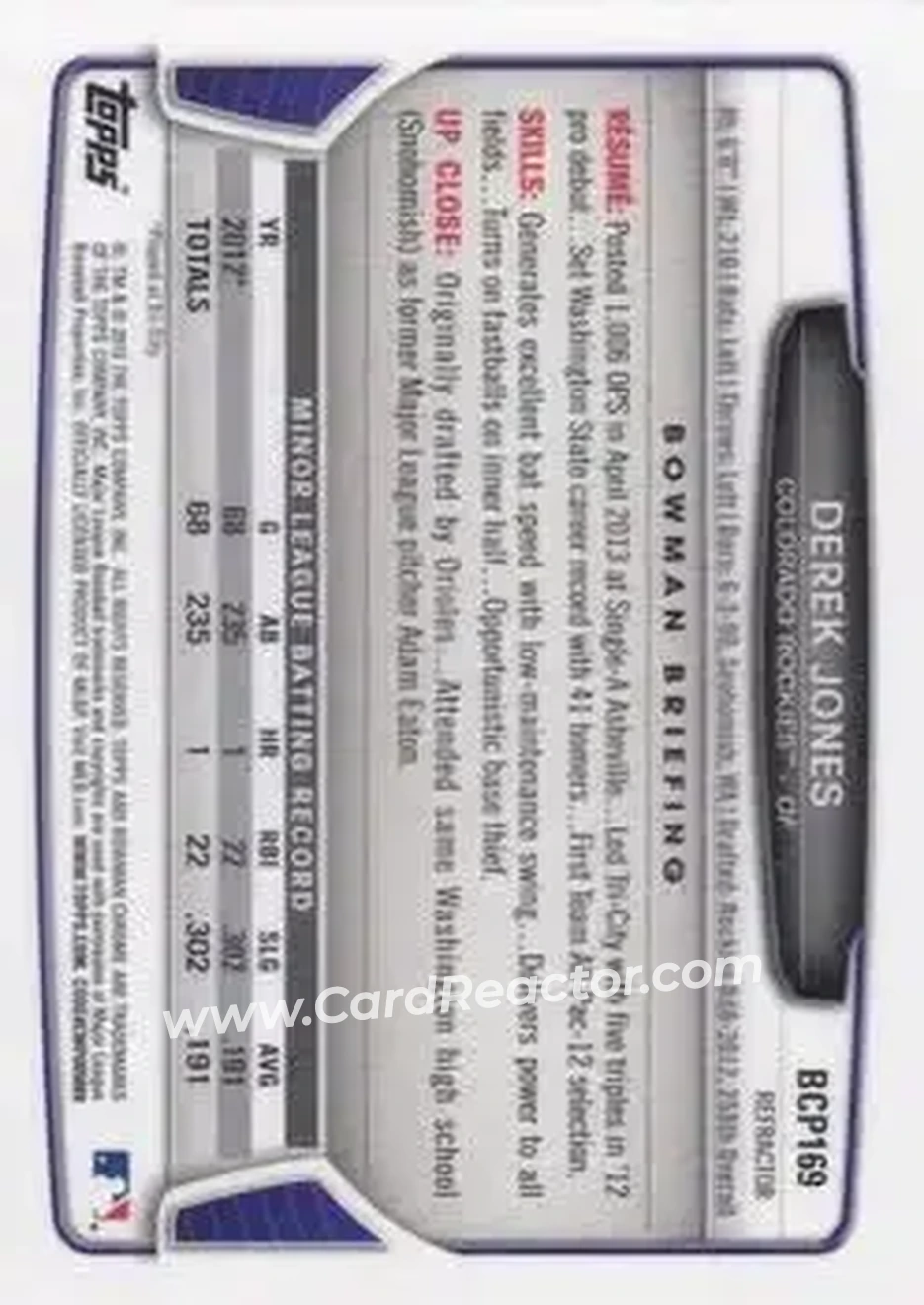 2013 Bowman Chrome - Prospects Green Refractors #BCP169 - Derek Jones - Colorado Rockies - Back