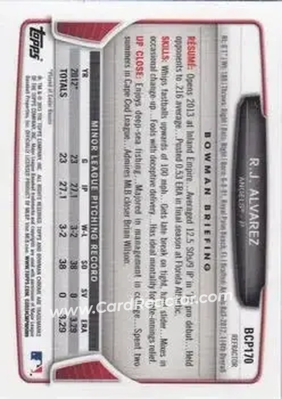 2013 Bowman Chrome - Prospects Green Refractors #BCP170 - R.J. Alvarez - Los Angeles Angels - Back