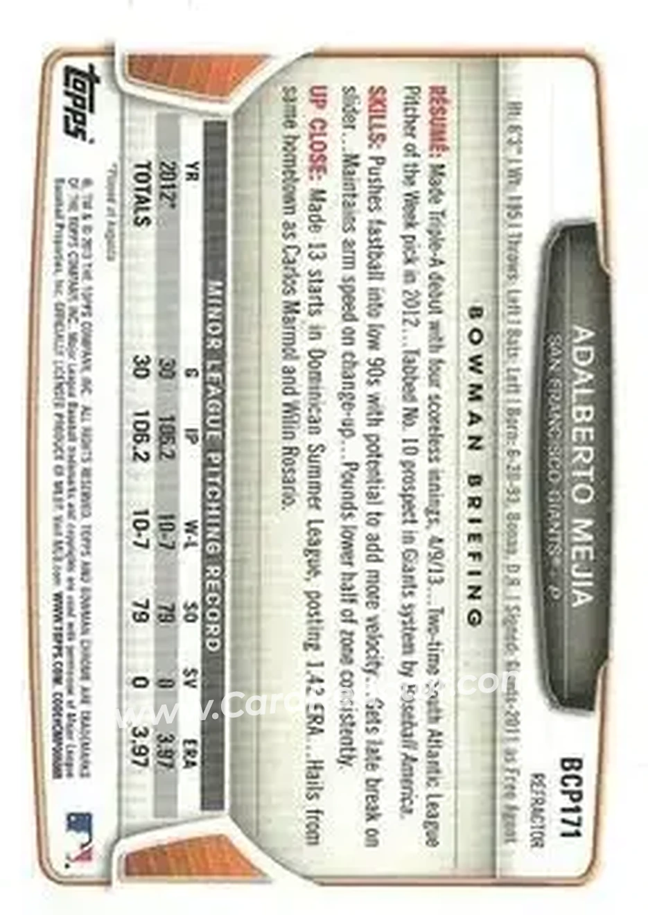 2013 Bowman Chrome - Prospects Green Refractors #BCP171 - Adalberto Mejia - San Francisco Giants - Back 2013 Bowman Chrome - Prospects Green Refractors #BCP171 - Adalberto Mejia - San Francisco Giants - Back