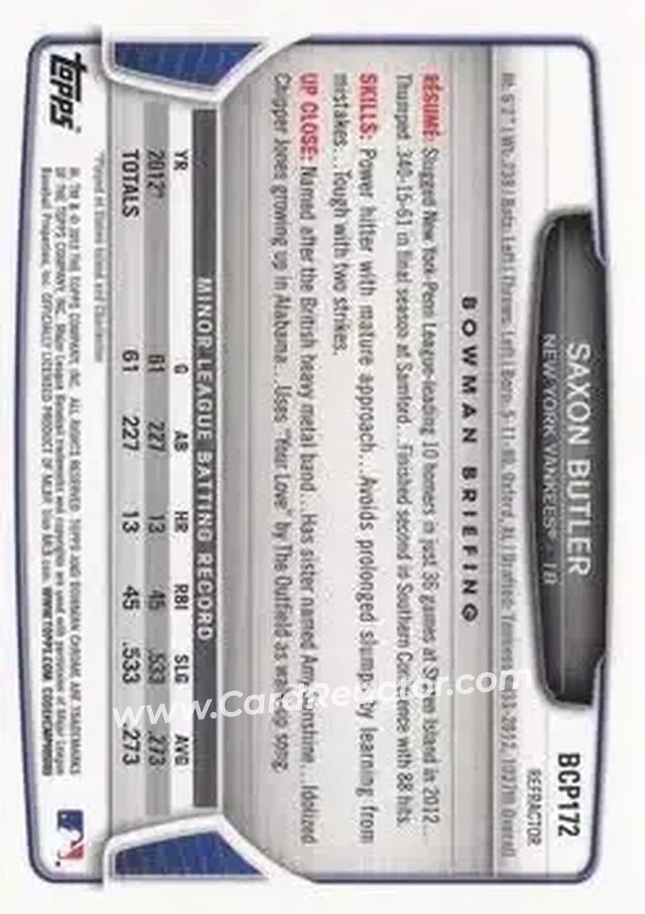 2013 Bowman Chrome - Prospects Green Refractors #BCP172 - Saxon Butler - New York Yankees - Back 2013 Bowman Chrome - Prospects Green Refractors #BCP172 - Saxon Butler - New York Yankees - Back