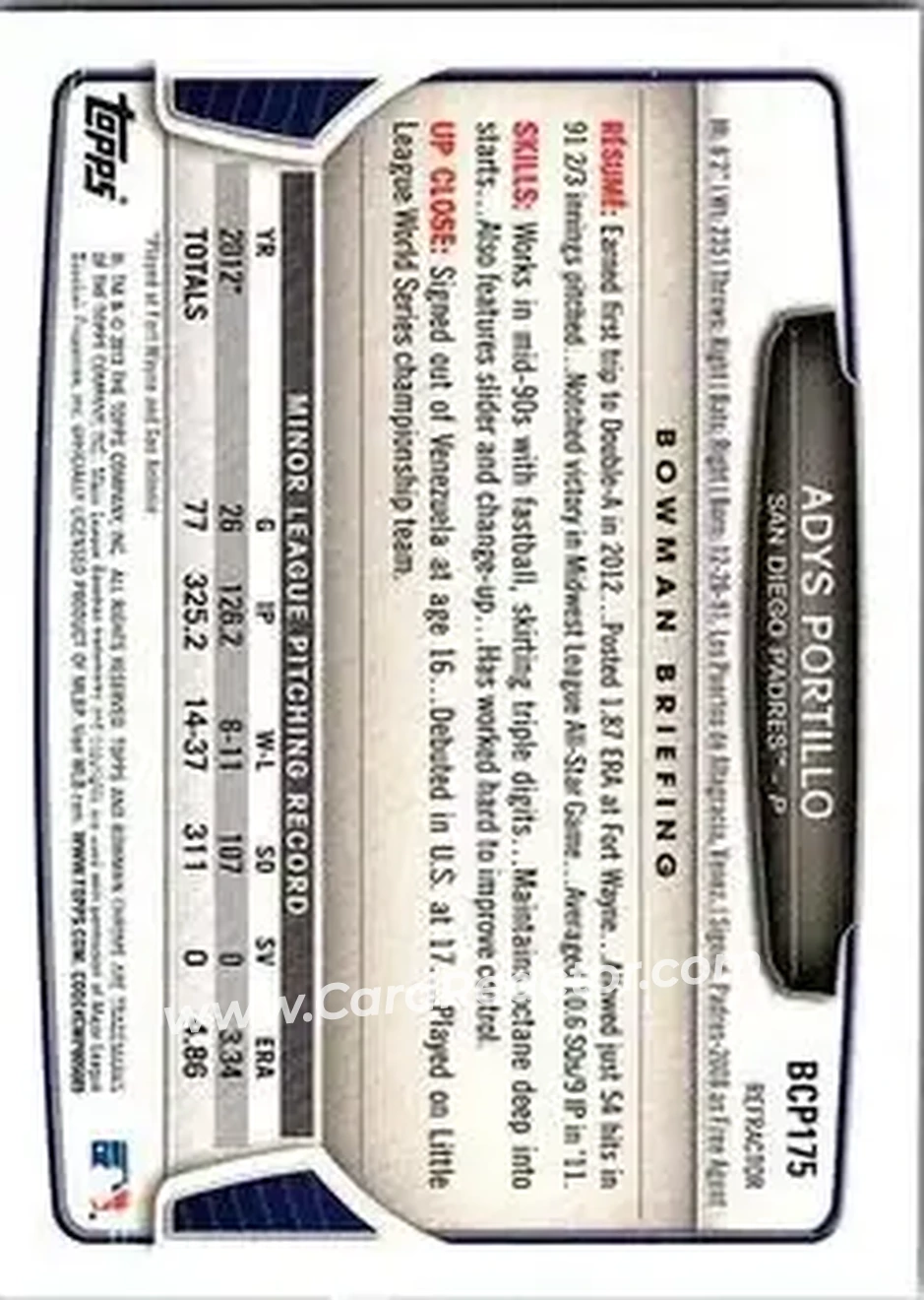 2013 Bowman Chrome - Prospects Green Refractors #BCP175 - Adys Portillo - San Diego Padres - Back