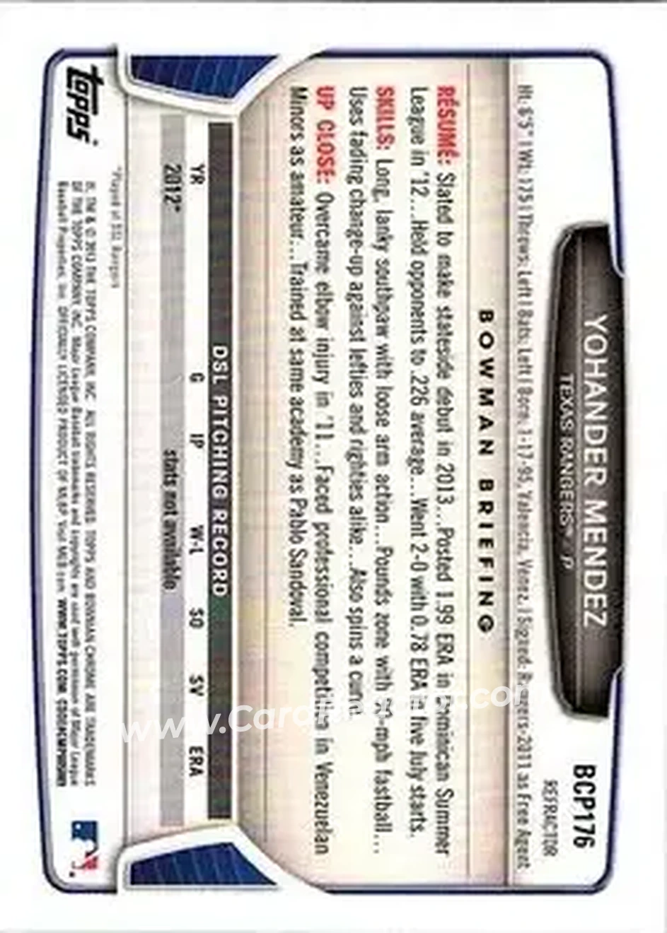 2013 Bowman Chrome - Prospects Green Refractors #BCP176 - Yohander Mendez - Texas Rangers - Back 2013 Bowman Chrome - Prospects Green Refractors #BCP176 - Yohander Mendez - Texas Rangers - Back