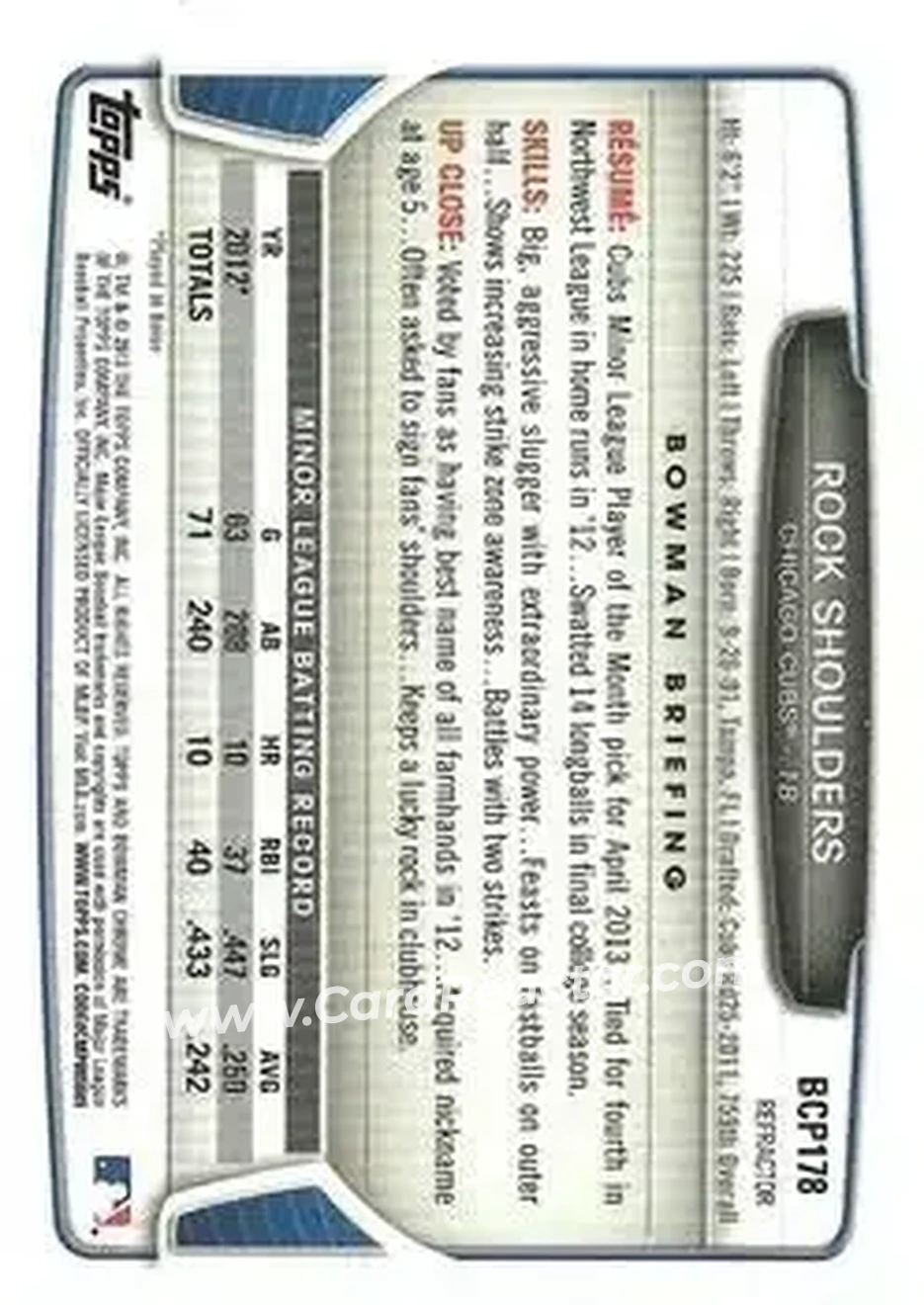 2013 Bowman Chrome - Prospects Green Refractors #BCP178 - Rock Shoulders - Chicago Cubs - Back 2013 Bowman Chrome - Prospects Green Refractors #BCP178 - Rock Shoulders - Chicago Cubs - Back