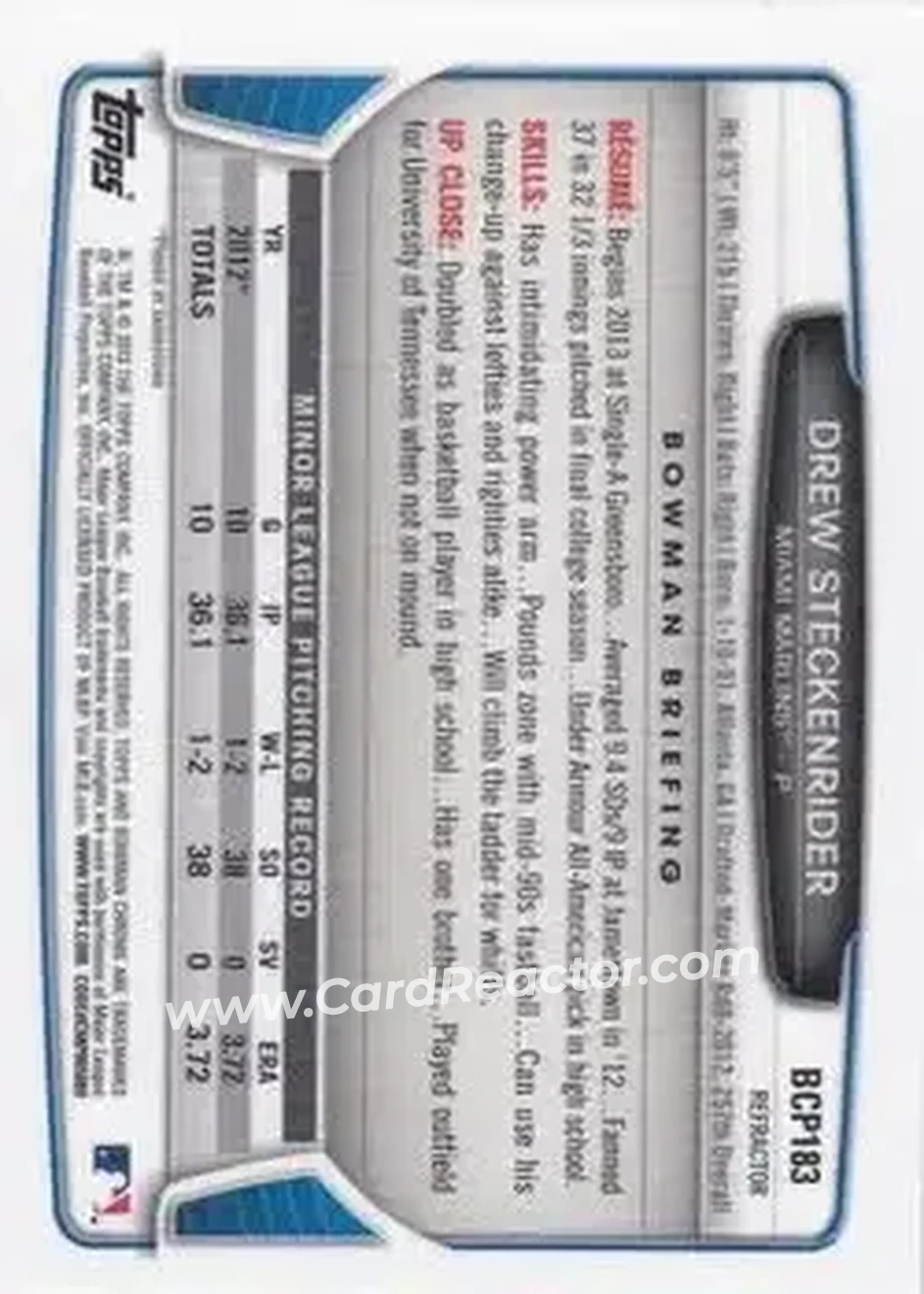 2013 Bowman Chrome - Prospects Green Refractors #BCP183 - Drew Steckenrider - Miami Marlins - Back