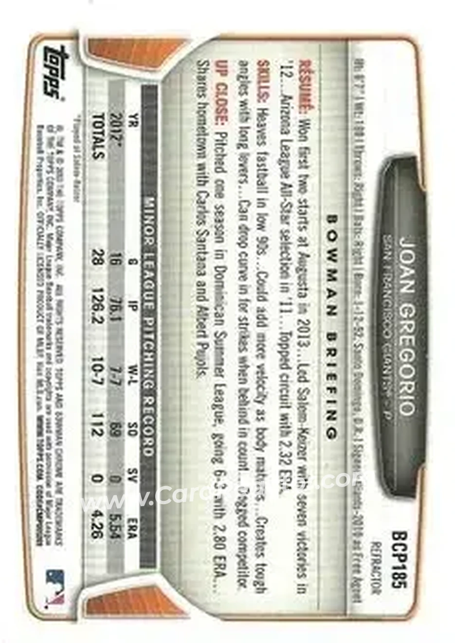 2013 Bowman Chrome - Prospects Green Refractors #BCP185 - Joan Gregorio - San Francisco Giants - Back 2013 Bowman Chrome - Prospects Green Refractors #BCP185 - Joan Gregorio - San Francisco Giants - Back