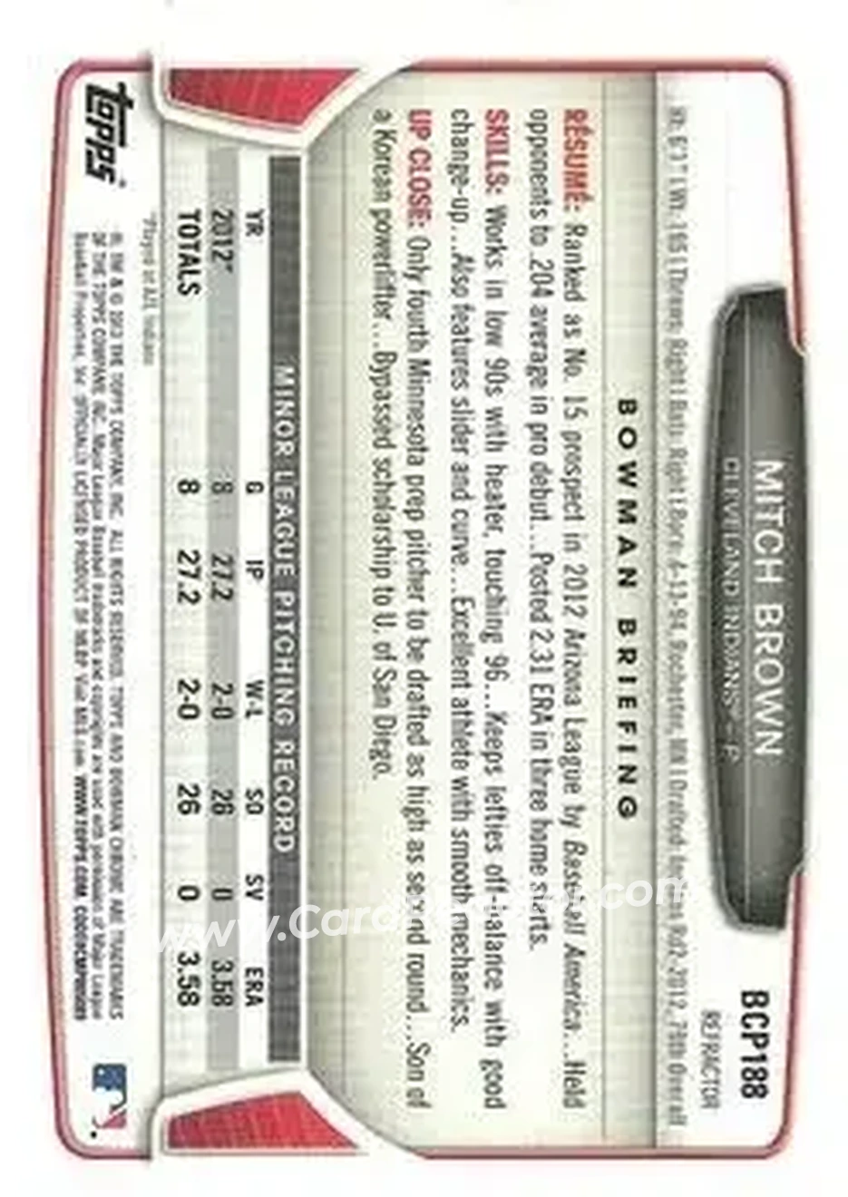 2013 Bowman Chrome - Prospects Green Refractors #BCP188 - Mitch Brown - Cleveland Indians - Back 2013 Bowman Chrome - Prospects Green Refractors #BCP188 - Mitch Brown - Cleveland Indians - Back