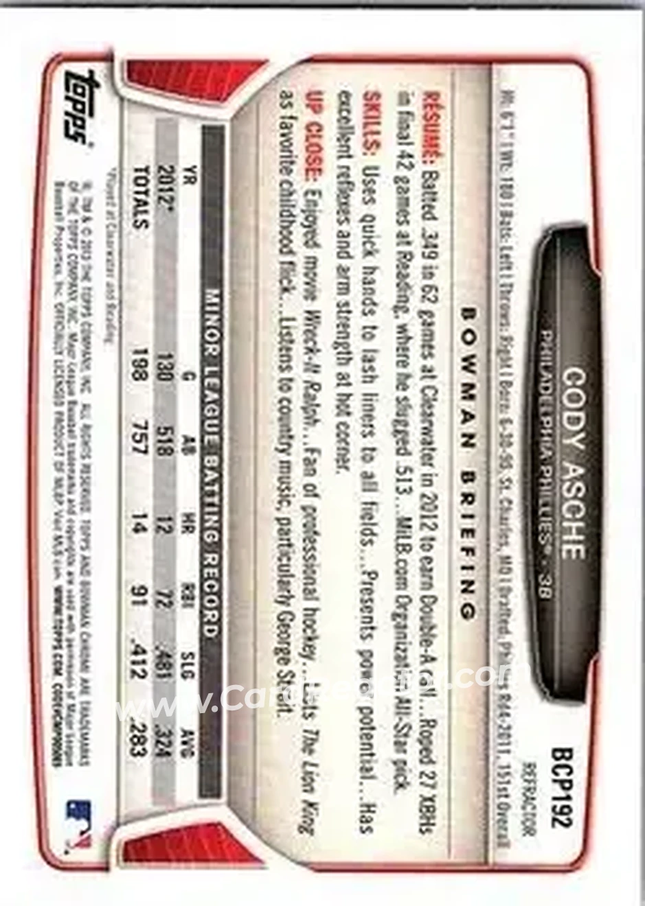2013 Bowman Chrome - Prospects Green Refractors #BCP192 - Cody Asche - Philadelphia Phillies - Back 2013 Bowman Chrome - Prospects Green Refractors #BCP192 - Cody Asche - Philadelphia Phillies - Back