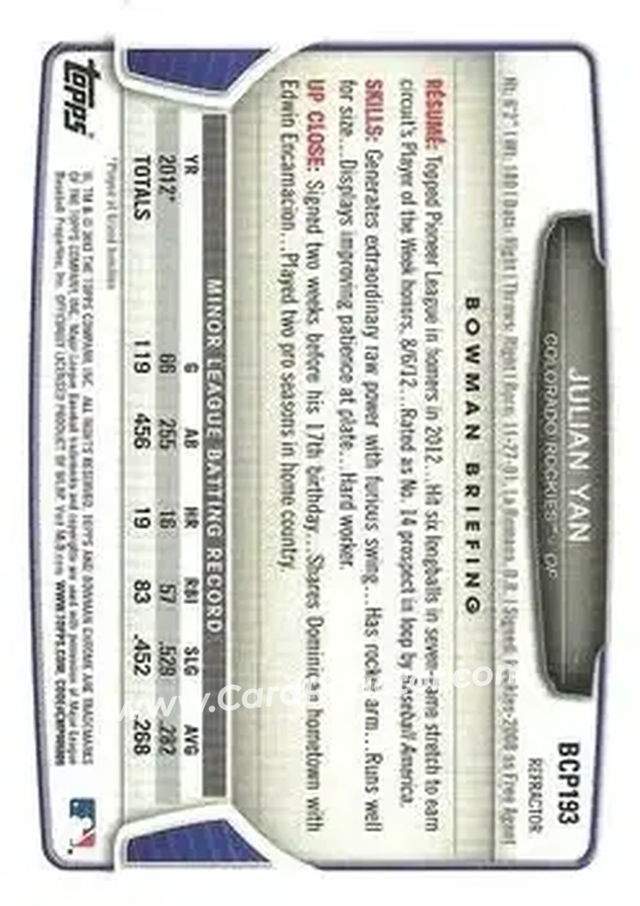 2013 Bowman Chrome - Prospects Green Refractors #BCP193 - Julian Yan - Colorado Rockies - Back 2013 Bowman Chrome - Prospects Green Refractors #BCP193 - Julian Yan - Colorado Rockies - Back