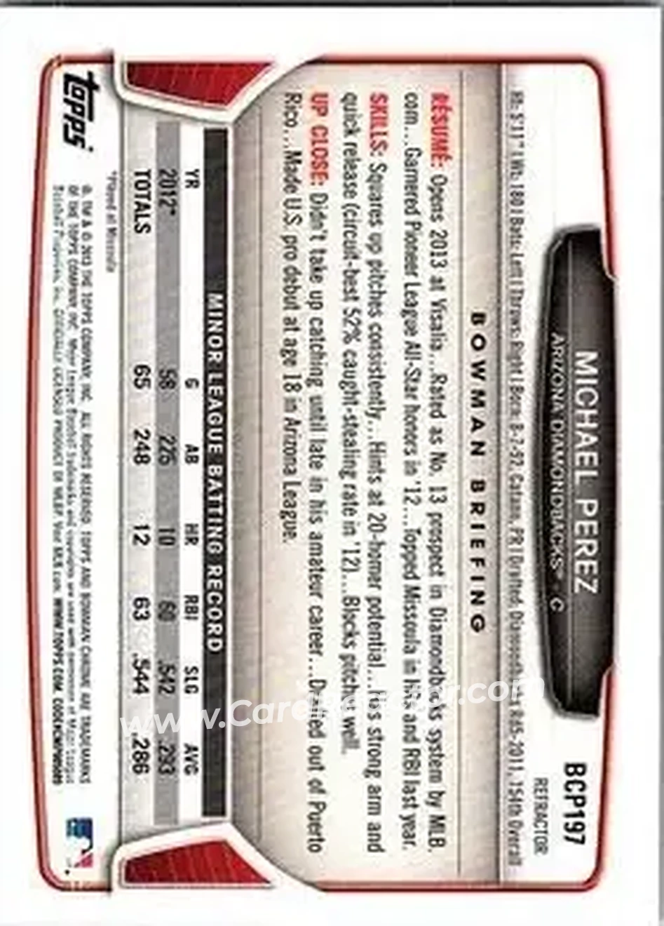 2013 Bowman Chrome - Prospects Green Refractors #BCP197 - Michael Perez - Arizona Diamondbacks - Back 2013 Bowman Chrome - Prospects Green Refractors #BCP197 - Michael Perez - Arizona Diamondbacks - Back
