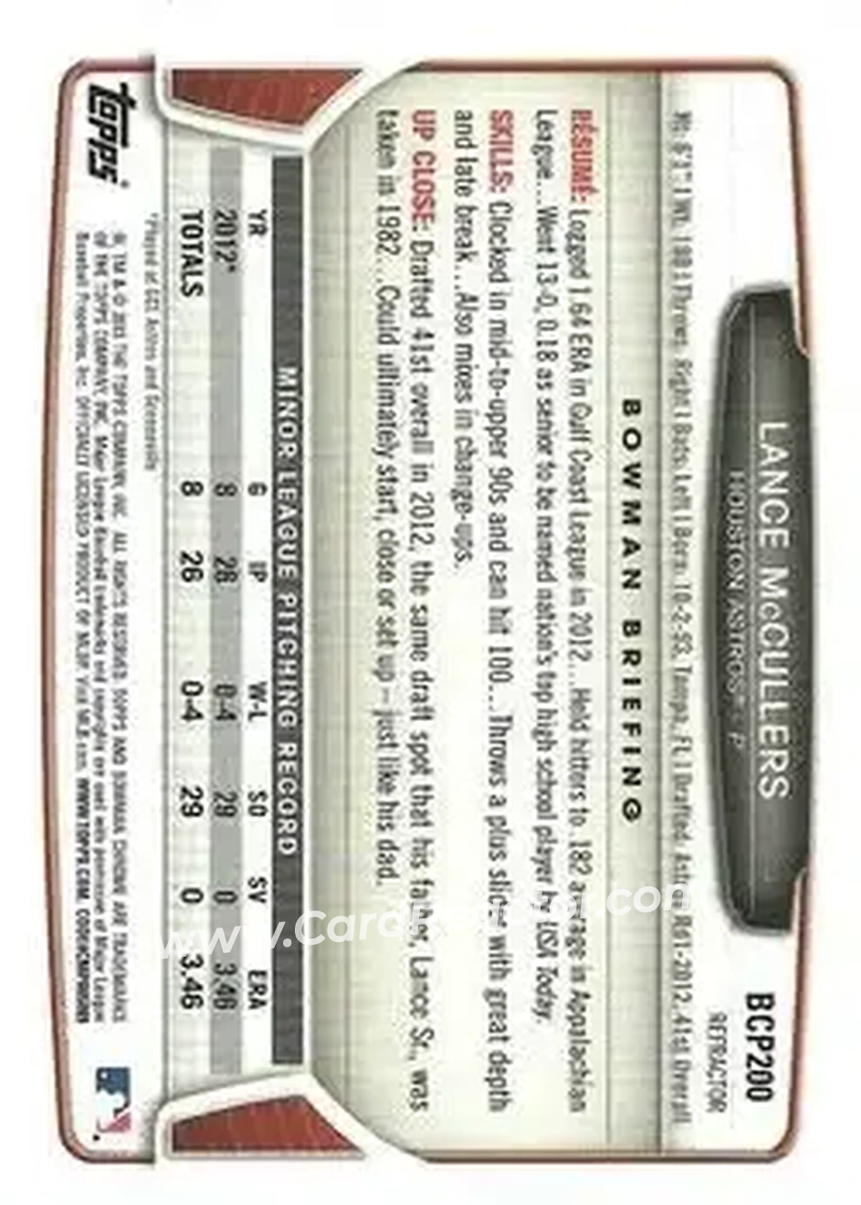 2013 Bowman Chrome - Prospects Green Refractors #BCP200 - Lance McCullers - Houston Astros - Back