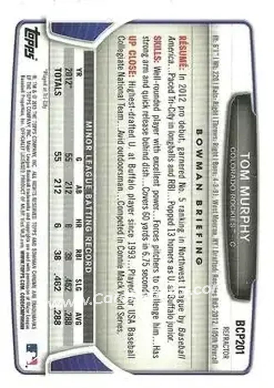 2013 Bowman Chrome - Prospects Green Refractors #BCP201 - Tom Murphy - Colorado Rockies - Back