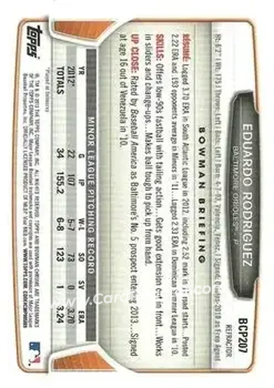 2013 Bowman Chrome - Prospects Green Refractors #BCP207 - Eduardo Rodriguez - Baltimore Orioles - Back 2013 Bowman Chrome - Prospects Green Refractors #BCP207 - Eduardo Rodriguez - Baltimore Orioles - Back