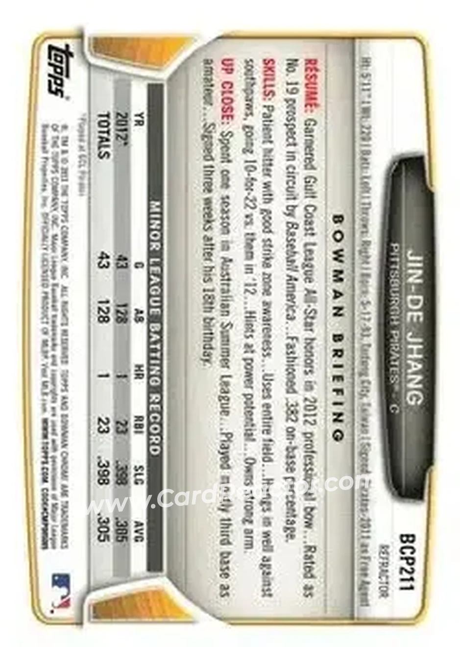 2013 Bowman Chrome - Prospects Green Refractors #BCP211 - Jin-De Jhang - Pittsburgh Pirates - Back