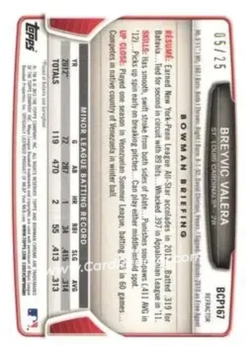 2013 Bowman Chrome - Prospects Red Wave Refractors #BCP167 - Breyvic Valera - St. Louis Cardinals - Back