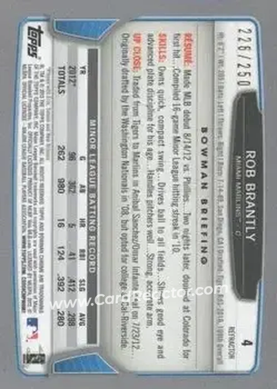 2013 Bowman Chrome - Blue Refractors #4 - Rob Brantly - Miami Marlins - Back