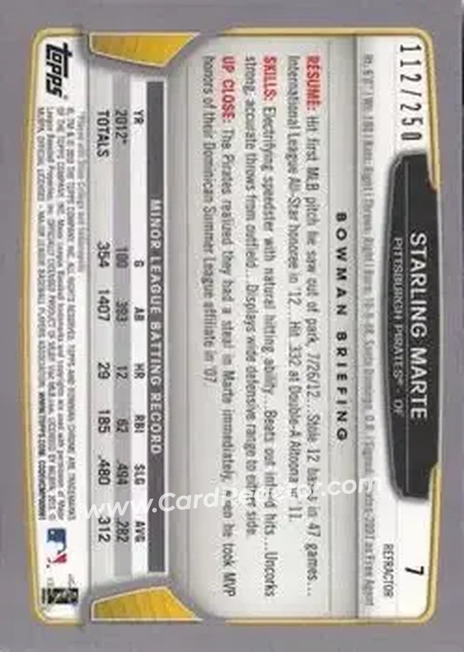 2013 Bowman Chrome - Blue Refractors #7 - Starling Marte - Pittsburgh Pirates - Back