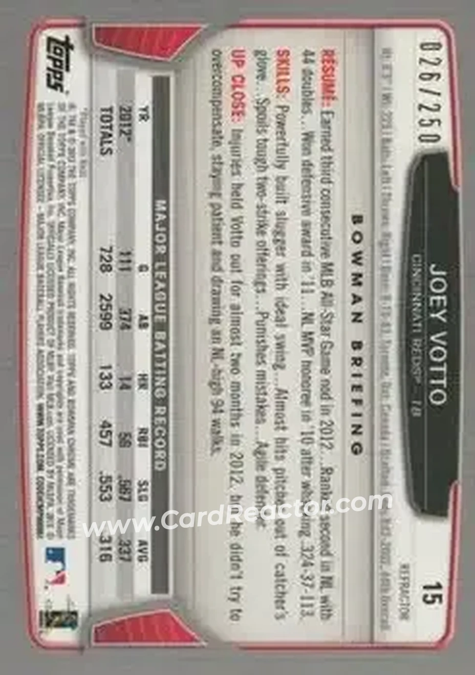 2013 Bowman Chrome - Blue Refractors #15 - Joey Votto - Cincinnati Reds - Back 2013 Bowman Chrome - Blue Refractors #15 - Joey Votto - Cincinnati Reds - Back