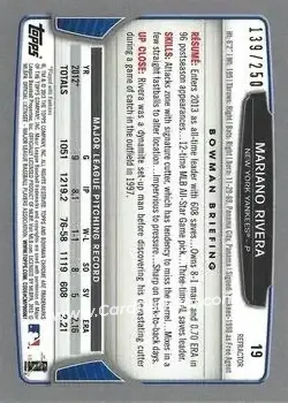 2013 Bowman Chrome - Blue Refractors #19 - Mariano Rivera - New York Yankees - Back