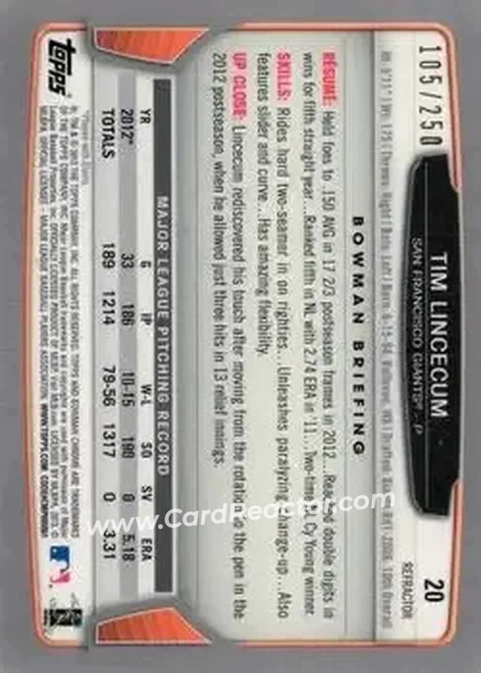 2013 Bowman Chrome - Blue Refractors #20 - Tim Lincecum - San Francisco Giants - Back 2013 Bowman Chrome - Blue Refractors #20 - Tim Lincecum - San Francisco Giants - Back