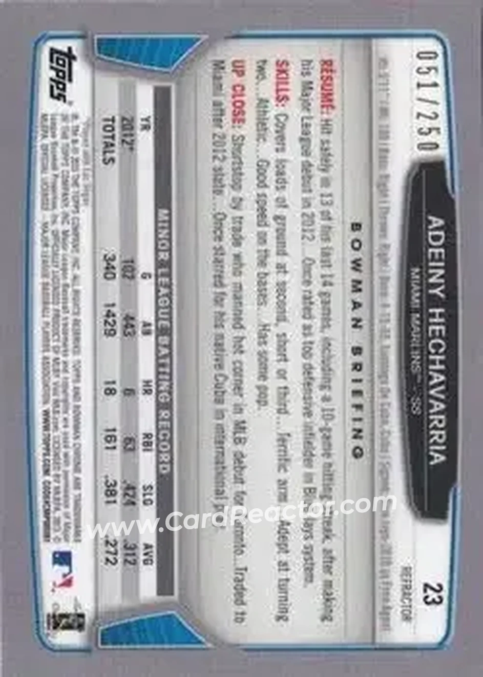 2013 Bowman Chrome - Blue Refractors #23 - Adeiny Hechavarria - Miami Marlins - Back